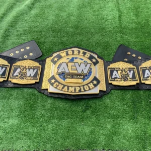 AEW Tag Team Championship Belt Replica full view – 4mm zinc 24K gold black leather strap