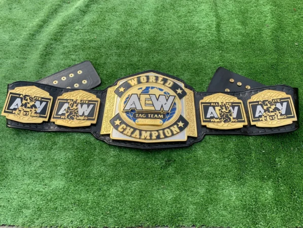 AEW Tag Team Championship Belt Replica full view – 4mm zinc 24K gold black leather strap