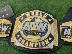 AEW World Tag Team Championship replica close plate – AEW logo 24K gold silver engraving detail