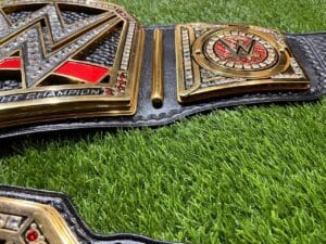 Side plate view of WWE World Heavyweight replica belt ultra deluxe 16MM CNC dual gold plating cubic zirconia custom design Absolute Belts