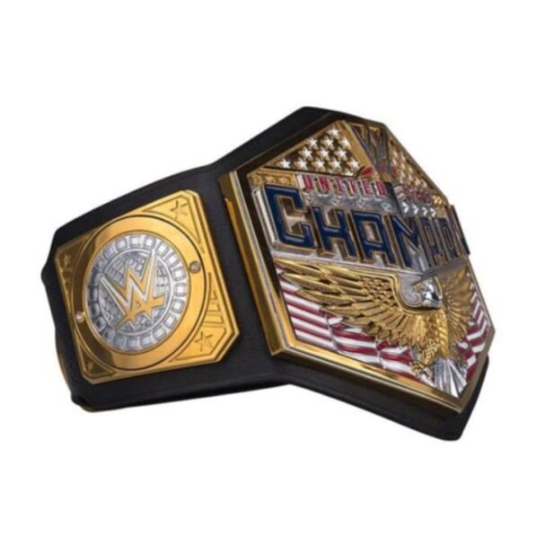 Side view of WWE United States Championship Belt showing 4mm thick zinc plates and strap construction