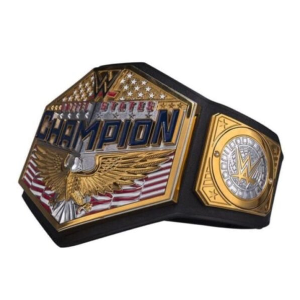 Side view of WWE United States Championship Belt showing 4mm thick zinc plates and strap construction
