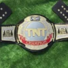 AEW TNT Replica Belt full view – 4mm zinc dual gold silver plating black leather strap