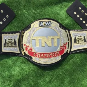 AEW TNT Replica Belt full view – 4mm zinc dual gold silver plating black leather strap