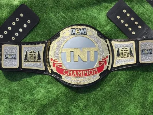 AEW TNT Replica Belt full view – 4mm zinc dual gold silver plating black leather strap