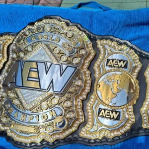 AEW World Championship Replica Belt full view – 4-layer zinc gold plated stones
