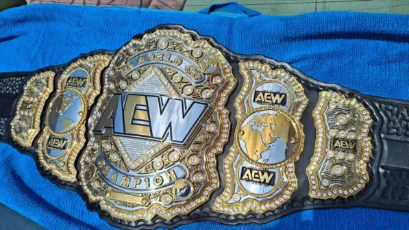AEW World Championship Replica Belt full view – 4-layer zinc gold plated stones