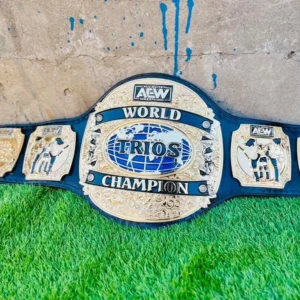 AEW World Trios Championship Replica Belt full view – gold plated black leather strap