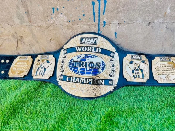 AEW World Trios Championship Replica Belt full view – gold plated black leather strap