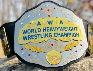 AWA World Heavyweight Championship Replica Belt full view gold plated leather strap