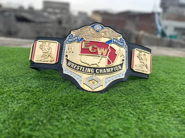 ECW world heavyweight championship belt main plate gold plated red enamel etching