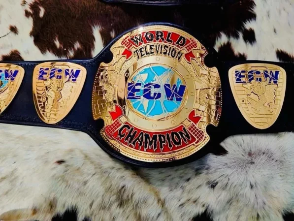 ECW World Television Championship belt full view 4mm gold plated genuine leather