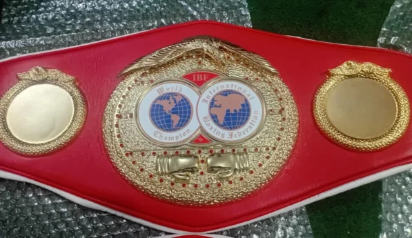 IBF replica belt for sale full view 4mm chrome 3D plates genuine cowhide leather strap