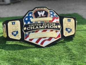 WWE United States title belt gold plated zinc eagle design patriotic enamel black strap gold snaps by Absolute Belts