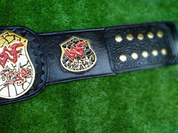 Close-up of black leather strap showing dual snap closures and leather tooling detai