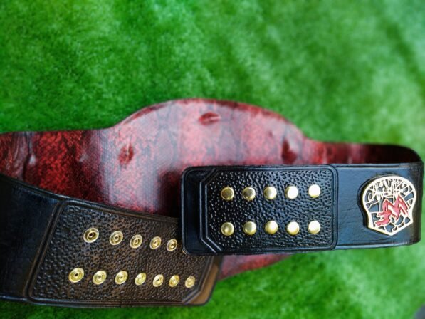 Back view of WWF Smoking Skull Championship Belt displaying authentic snake skin pattern leather and metal backing plates