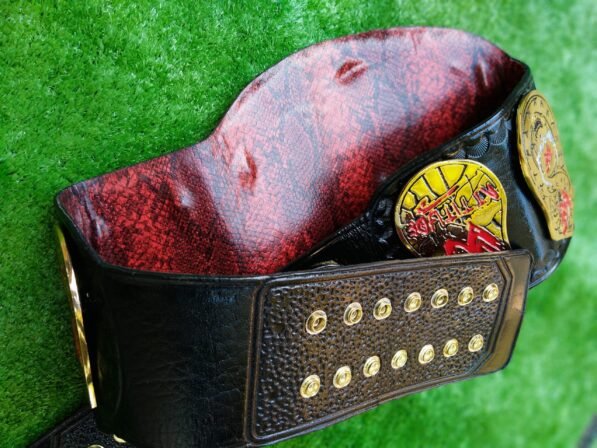 Back view of WWF Smoking Skull Championship Belt displaying authentic snake skin pattern leather and metal backing plates