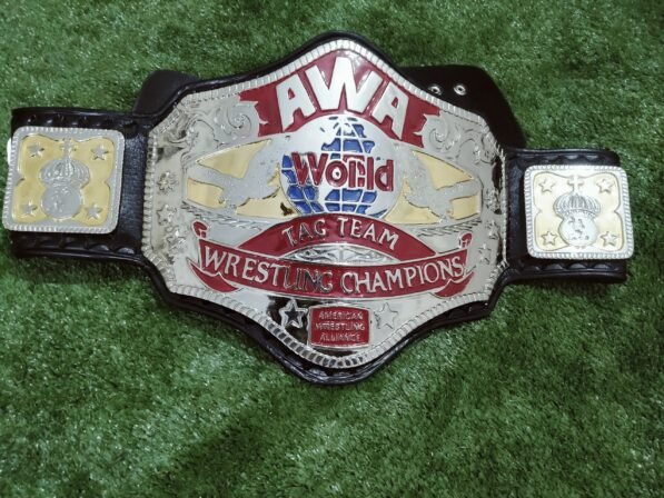 AWA World Tag Team Wrestling Championship Belt replica with dual-tone gold silver plating, red enamel and iconic globe logo