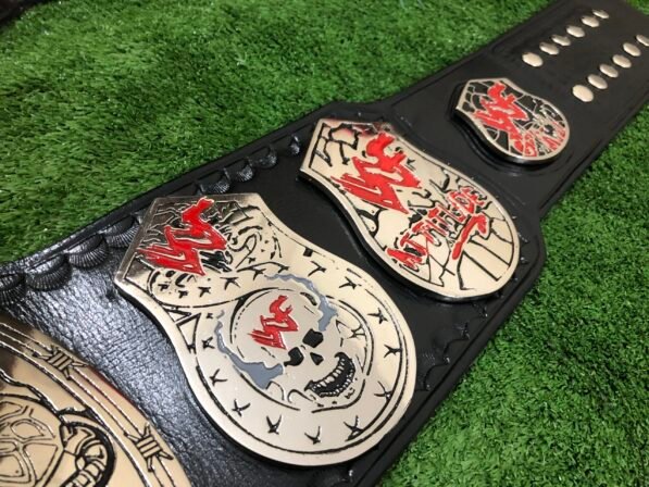 Close-up of WWF Smoking Skull Belt silver side plates with double etching and championship engravings