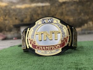 AEW TNT Replica Belt close plate – red champion banner gold silver etching detail