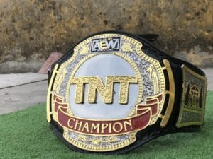 AEW TNT Replica Belt close plate – red champion banner gold silver etching detail