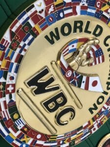 WBC replica belt center plate close up gold enamel world flags World Boxing Council emblem
