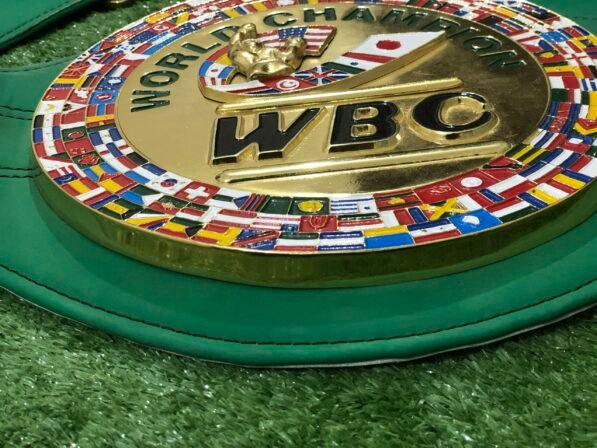 WBC replica belt center plate close up gold enamel world flags World Boxing Council emblem