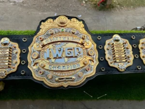 IWGP heavyweight V4 replica belt plate close up CNC etched gold zinc stones