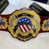 IWGP US championship replica belt full view dual zinc plates leather strap gold