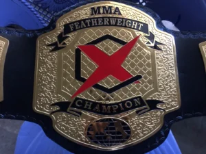 MMA Featherweight Championship Replica Title Belt full view gold plated black leather