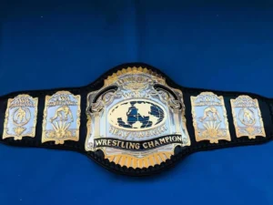 Unified World Heavyweight Wrestling Championship Belt replica full view with dual gold plating and cowhide leather strap