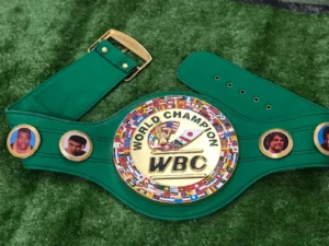 WBC replica belt for sale full view gold enamel plates green leather World Boxing Council