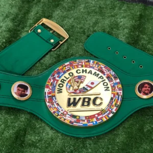 WBC replica belt for sale full view gold enamel plates green leather World Boxing Council