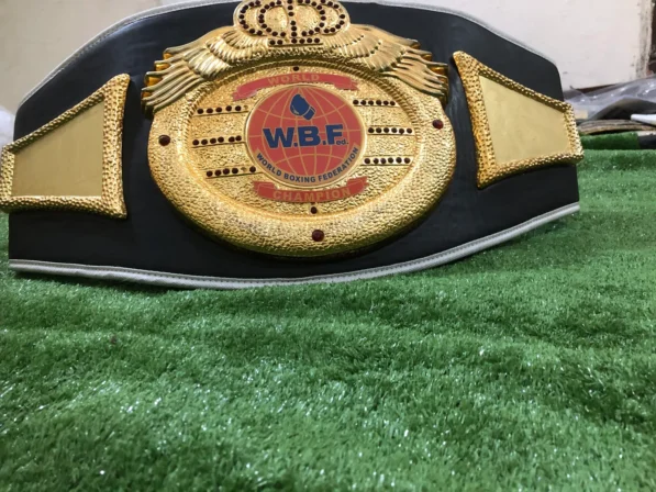 WBF World Boxing Federation Championship Replica full view gold plated black faux leather strap