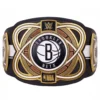 WWE Brooklyn Nets replica belt close view of 4mm zinc dual plated championship plates with etching
