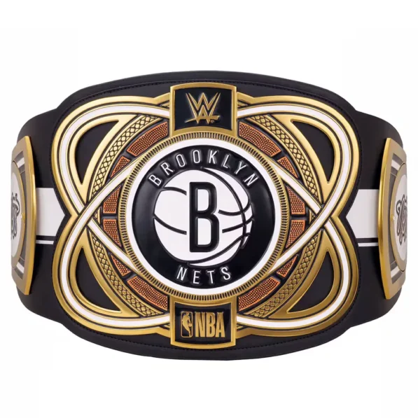WWE Brooklyn Nets replica belt close view of 4mm zinc dual plated championship plates with etching