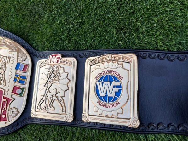 WWF European Belt Genuine Black Leather Strap Hand Stitched 50 Inch Length