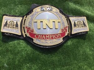 AEW TNT Replica Belt close plate – red champion banner gold silver etching detail