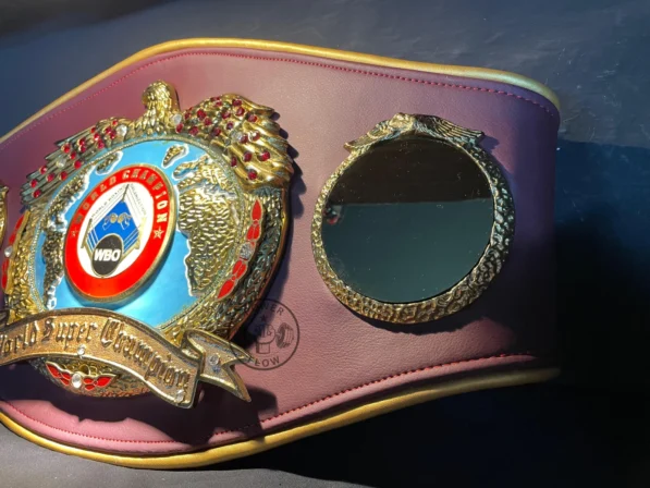 WBO Championship Belt side plates with 3D metal design and chrome finish showing boxing championship details
