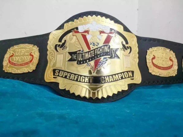 Old UFC SuperFight championship belt main center plate 2mm brass close up detail