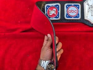 NWA World Television Championship Belt Black Leather Red Backing View