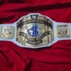 WWE Intercontinental Championship Belt full layout showing complete 50-inch length with center plate, side plates, leather strap, and gold plating
