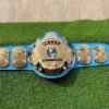 WWF Winged Eagle Championship Belt full layout showing complete 50-inch length with winged eagle plate, side plates, blue leather, CNC details
