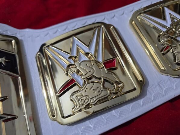 WWE Intercontinental Championship Belt side profile showing 6mm genuine cowhide leather strap thickness, 4mm zinc plate depth, and snap fasteners