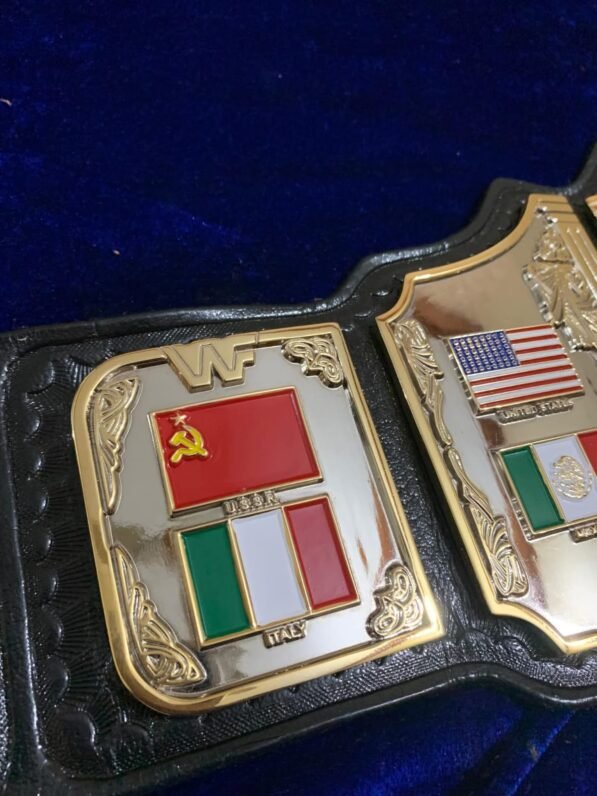 Hulk Hogan belt side plates with golden tips and authentic 1985 WWF championship design
