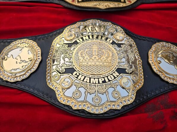 ⭐ AEW Unified Champion Wrestling Replica Belt – 4mm Zinc, Dual Gold Plating, Cubic Zirconia Stones, Premium Leather Strap