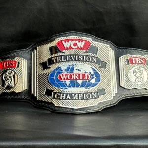 WCW Television Championship Replica Belt with gold plating, 4mm CNC plates and genuine cowhide leather strap