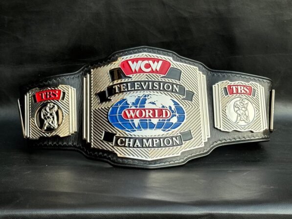 WCW Television Championship Replica Belt with gold plating, 4mm CNC plates and genuine cowhide leather strap