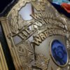 WWF Hulk Hogan championship belt center plate showing 4mm brass construction and gold plating detail