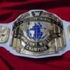 WWE Intercontinental Championship Belt front view showing center buckle plate with gold plating, 4mm zinc construction, and classic design
